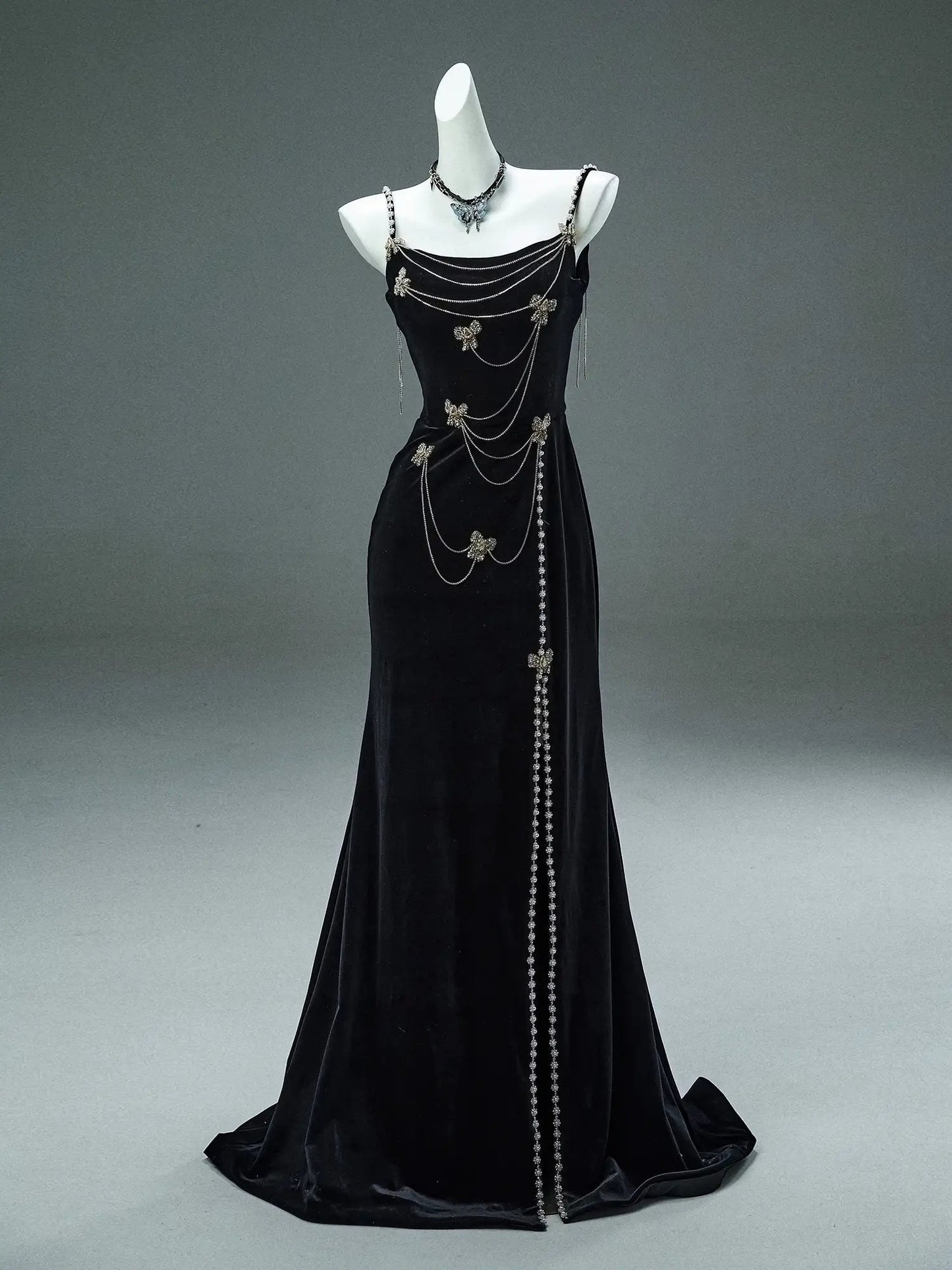 Black Velvet Sheath Evening Gown with Rhinestone String & Spaghetti Strap - CQ0108-Couture Gown 2025 -Viniodress-Black-Custom Size-