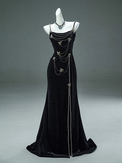 Black Velvet Sheath Evening Gown with Rhinestone String & Spaghetti Strap - CQ0108-Couture Gown 2025 -Viniodress-Black-Custom Size-