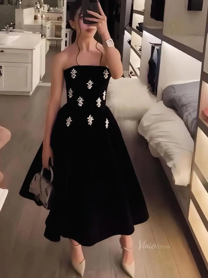 Black Velvet Short Prom Dresses with Rhinestones - Strapless Homecomin Viniodress Black Velvet Short Prom Dresses with Rhinestones - Strapless Homecomin Viniodress