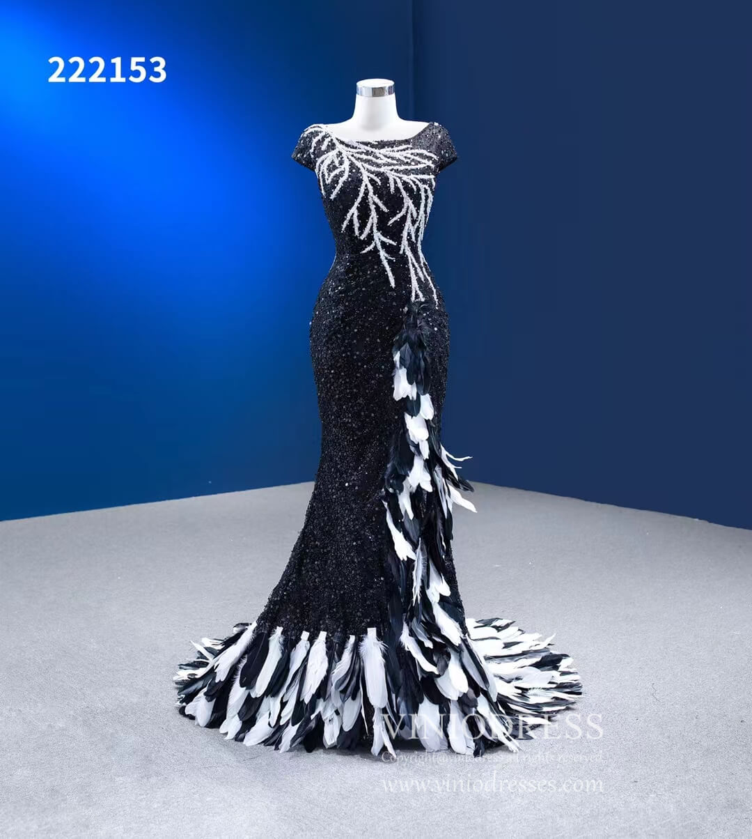 Black & White Evening Dresses Beaded Pageant Dress Cap Sleeve 222153-prom dresses 2025 -Viniodress-Black-Custom Size-