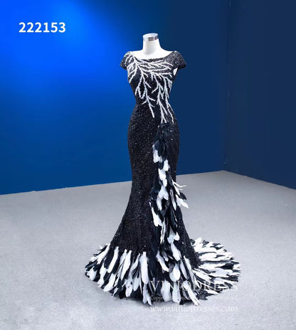 Black & White Evening Dresses Beaded Pageant Dress Cap Sleeve 222153-prom dresses 2025 -Viniodress-Black-Custom Size-