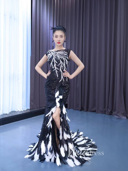 Black & White Evening Dresses Beaded Pageant Dress Cap Sleeve 222153-prom dresses 2025 -Viniodress-Black-Custom Size-