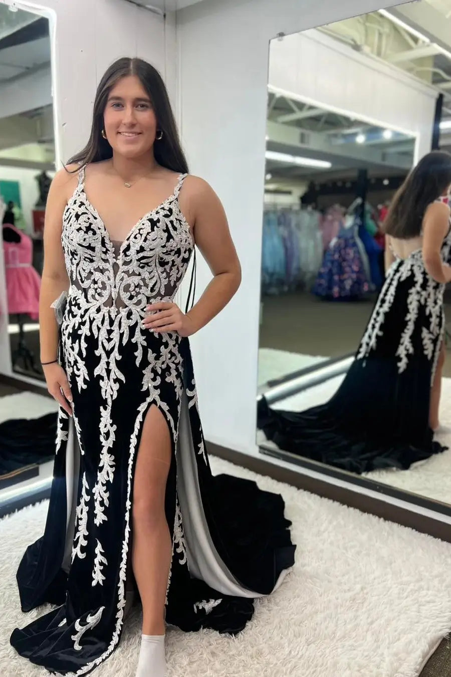 LP025不转 black velvet white lace-prom dresses 2026-Viniodress-Black-Custom Size-