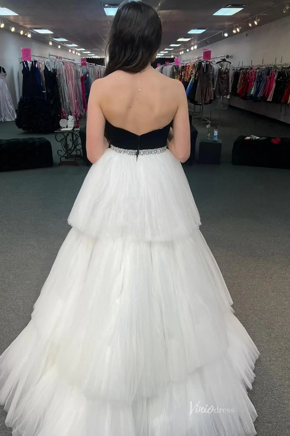 Black and White Ruffled Pleated Tulle Prom Gown RF002-Prom Dresses 2026-Viniodress-Black-Custom Size-