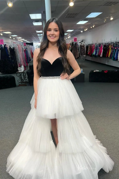 Black and White Ruffled Pleated Tulle Prom Gown RF002-Prom Dresses 2026-Viniodress-Black-Custom Size-