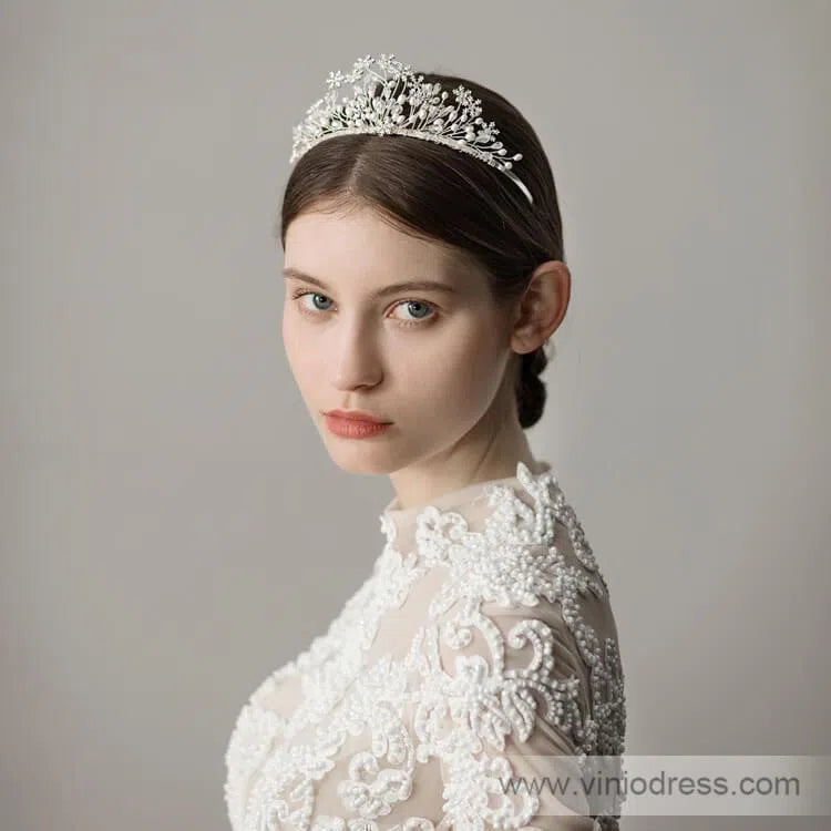 Blooming Crystal Snow Tiaras with Pearls Viniodress ACC1140-Headpieces 2025 -Viniodress-Silver-