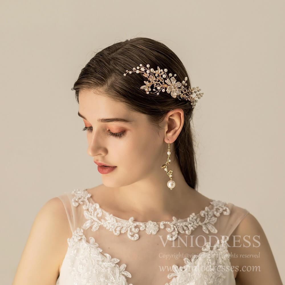 Blooming Pearl Spray Bridal Comb AC1202-Headpieces 2025 -Viniodress-Gold-