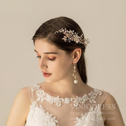 Blooming Pearl Spray Bridal Comb AC1202-Headpieces 2025 -Viniodress-Gold-