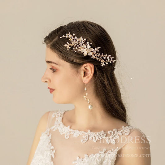 Blooming Pearl Spray Bridal Comb AC1202-Headpieces 2025 -Viniodress-Gold-