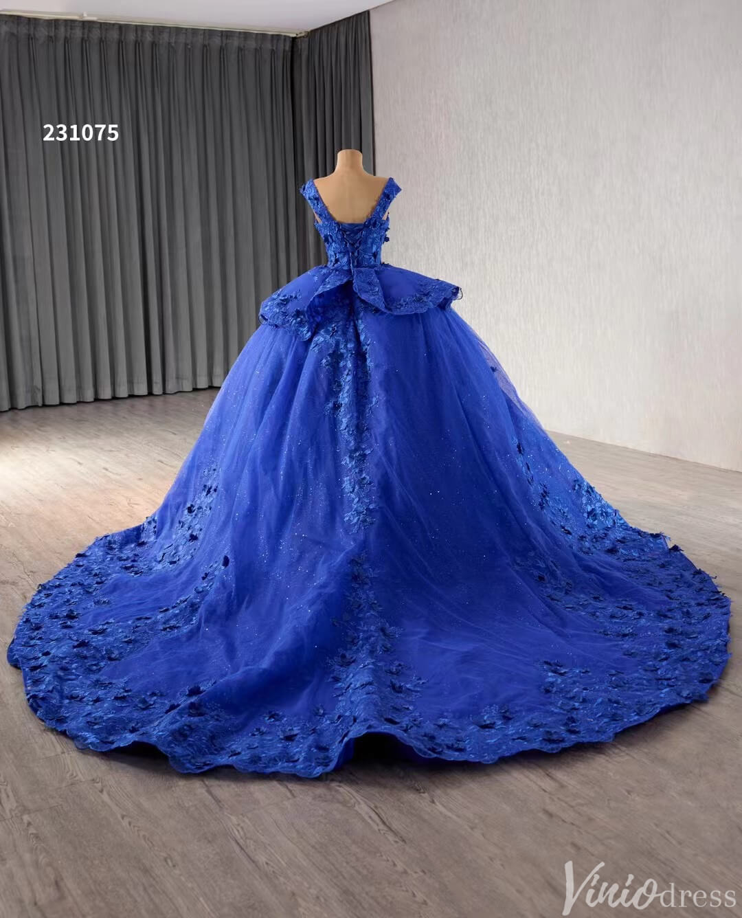 Blue 3D Flower Ball Gown Wedding Dresses Sparkly Off the Shoulder Quinceanera Dress 231075-Quinceanera Dresses 2025 -Viniodress-Blue-Custom Size-