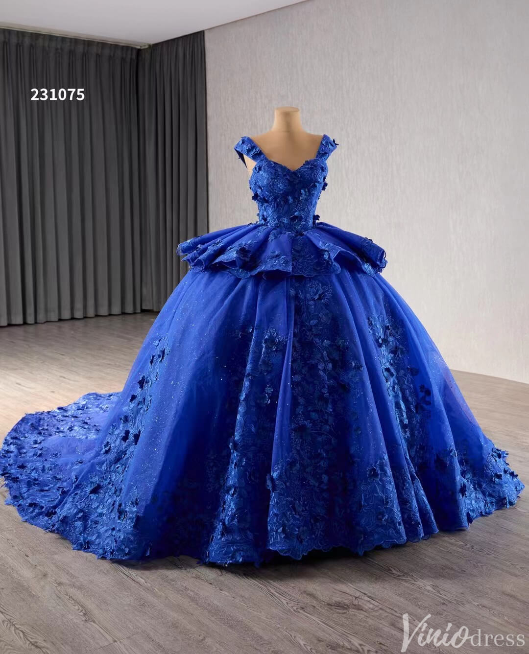Blue 3D Flower Ball Gown Wedding Dresses Sparkly Off the Shoulder Quinceanera Dress 231075-Quinceanera Dresses 2025 -Viniodress-Blue-Custom Size-