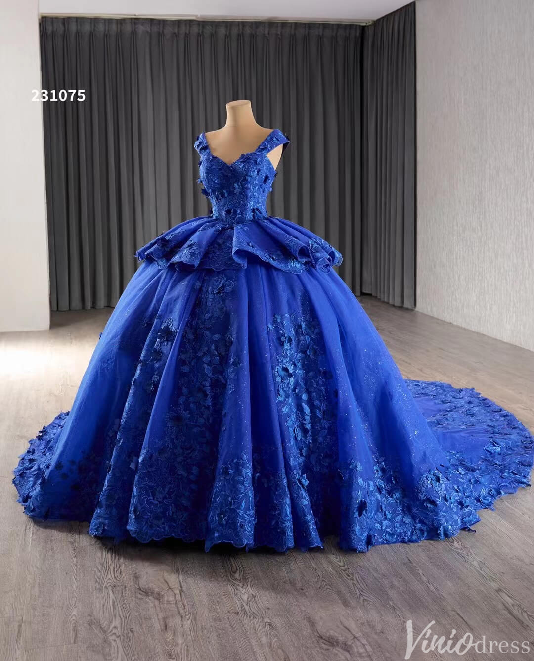 Blue 3D Flower Ball Gown Wedding Dresses Sparkly Off the Shoulder Quinceanera Dress 231075-Quinceanera Dresses 2025 -Viniodress-Blue-Custom Size-