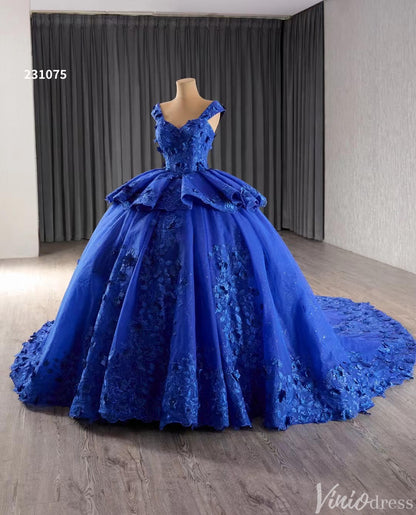 Blue 3D Flower Ball Gown Wedding Dresses Sparkly Off the Shoulder Quinceanera Dress 231075-Quinceanera Dresses 2025 -Viniodress-Blue-Custom Size-