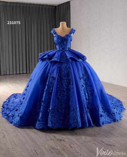 Blue 3D Flower Ball Gown Wedding Dresses Sparkly Off the Shoulder Quinceanera Dress 231075 - ViniodressQuinceanera DressesBlueCustom Size - Formal Dresses - Ball Gowns