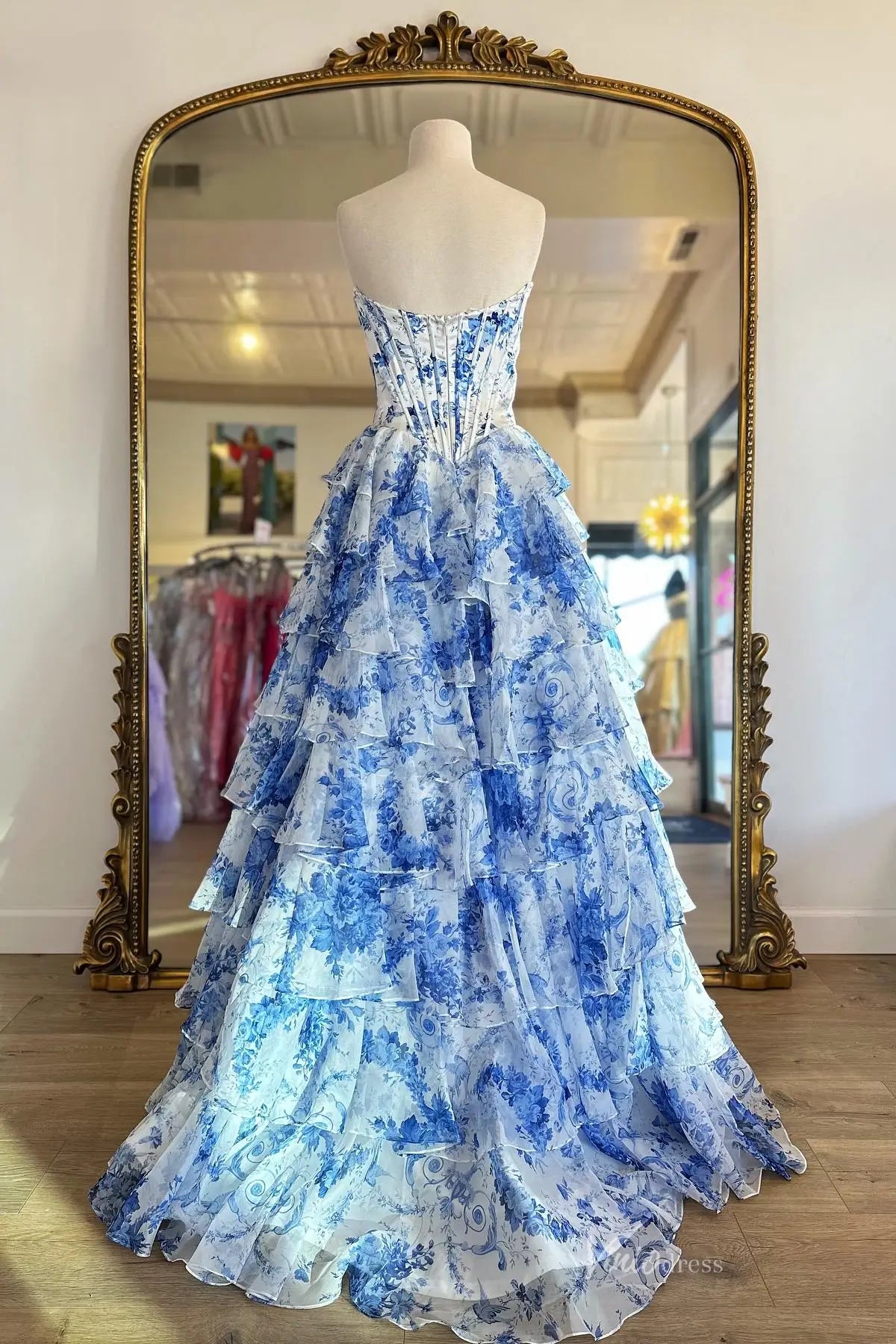 Blue & White Floral Prom Dress with Lace Sweetheart Neckline & High Slit RF067 Viniodress Blue & White Floral Prom Dress with Lace Sweetheart Neckline & High Slit RF067 Viniodress