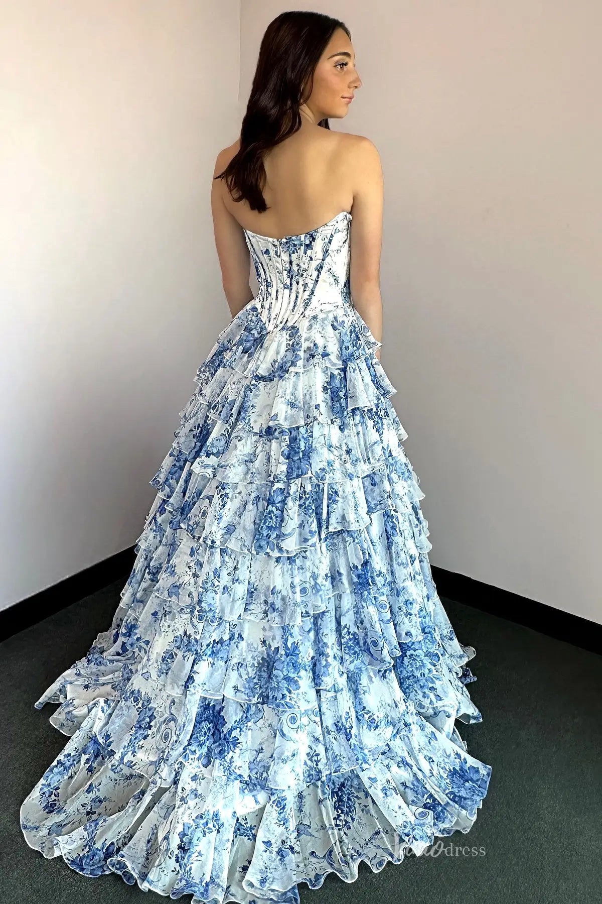 Blue & White Floral Prom Dress with Lace Sweetheart Neckline & High Slit RF067 Viniodress Blue & White Floral Prom Dress with Lace Sweetheart Neckline & High Slit RF067 Viniodress