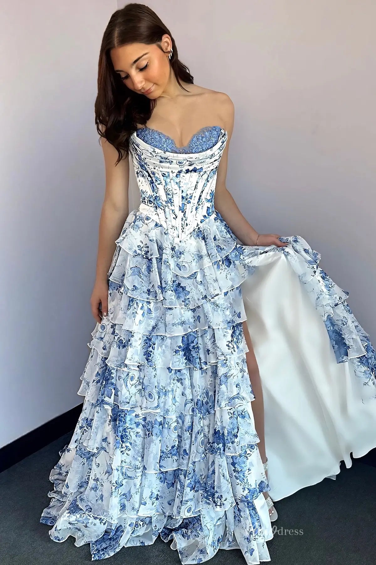 Blue & White Floral Prom Dress with Lace Sweetheart Neckline & High Slit RF067 Viniodress Blue & White Floral Prom Dress with Lace Sweetheart Neckline & High Slit RF067 Viniodress