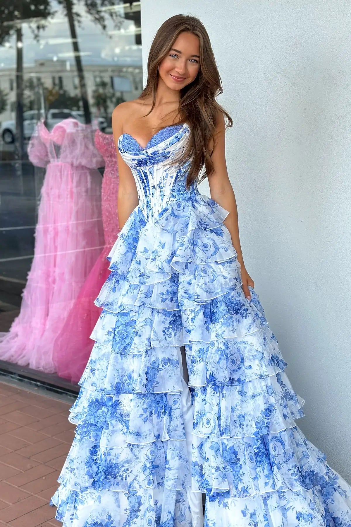 Blue & White Floral Prom Dress with Lace Sweetheart Neckline & High Slit RF067 Viniodress Blue & White Floral Prom Dress with Lace Sweetheart Neckline & High Slit RF067 Viniodress