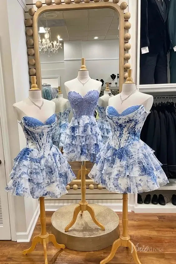 Blue and White Floral Strapless Homecoming Dress with Lace Sweetheart Neckline, Corset Bodice & Tiered Ruffle Skirt – H1444B-prom dresses 2025 -Viniodress-Light Blue-Custom Size-