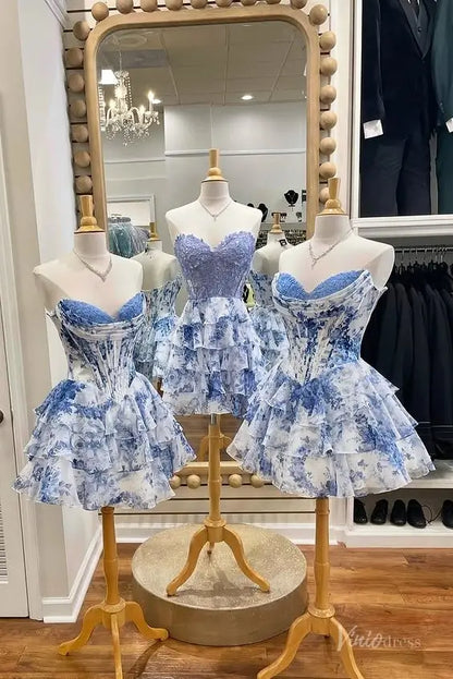 Blue and White Floral Strapless Homecoming Dress with Lace Sweetheart Neckline, Corset Bodice & Tiered Ruffle Skirt – H1444B-prom dresses 2025 -Viniodress-Light Blue-Custom Size-