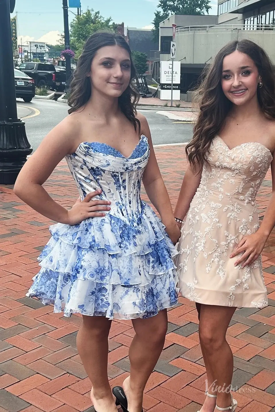 Blue and White Floral Strapless Homecoming Dress with Lace Sweetheart Neckline, Corset Bodice & Tiered Ruffle Skirt – H1444B-prom dresses 2025 -Viniodress-Light Blue-Custom Size-