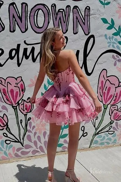 Blue and White Floral Strapless Homecoming Dress with Lace Sweetheart Neckline, Corset Bodice & Tiered Ruffle Skirt – H1444B-prom dresses 2025 -Viniodress-Light Blue-Custom Size-