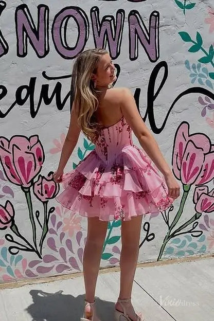 Blue and White Floral Strapless Homecoming Dress with Lace Sweetheart Neckline, Corset Bodice & Tiered Ruffle Skirt – H1444B-prom dresses 2025 -Viniodress-Light Blue-Custom Size-