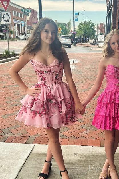 Blue and White Floral Strapless Homecoming Dress with Lace Sweetheart Neckline, Corset Bodice & Tiered Ruffle Skirt – H1444B-prom dresses 2025 -Viniodress-Light Blue-Custom Size-