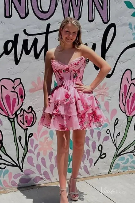 Blue and White Floral Strapless Homecoming Dress with Lace Sweetheart Neckline, Corset Bodice & Tiered Ruffle Skirt – H1444B-prom dresses 2025 -Viniodress-Pink-Custom Size-