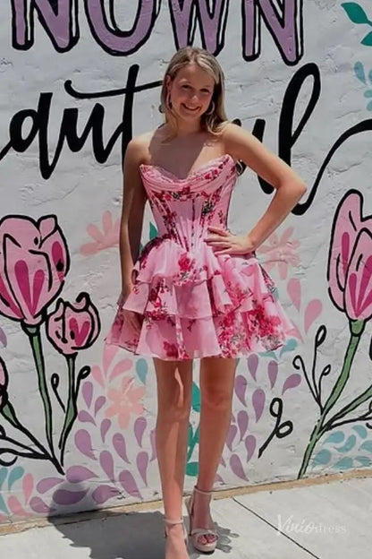 Blue and White Floral Strapless Homecoming Dress with Lace Sweetheart Neckline, Corset Bodice & Tiered Ruffle Skirt – H1444B-prom dresses 2025 -Viniodress-Pink-Custom Size-