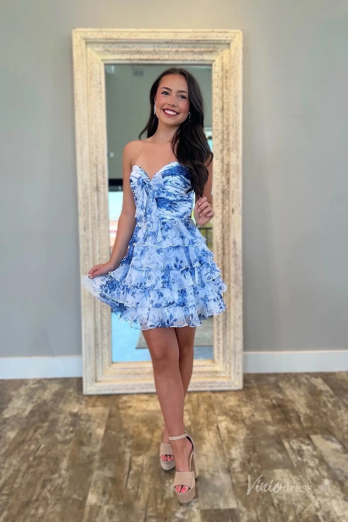 Blue and White Strapless Floral Homecoming Dress with Ruffle Skirt and Bow Detail – H1132-Homecoming Dresses 2025 -Viniodress-Light Blue-Custom Size-