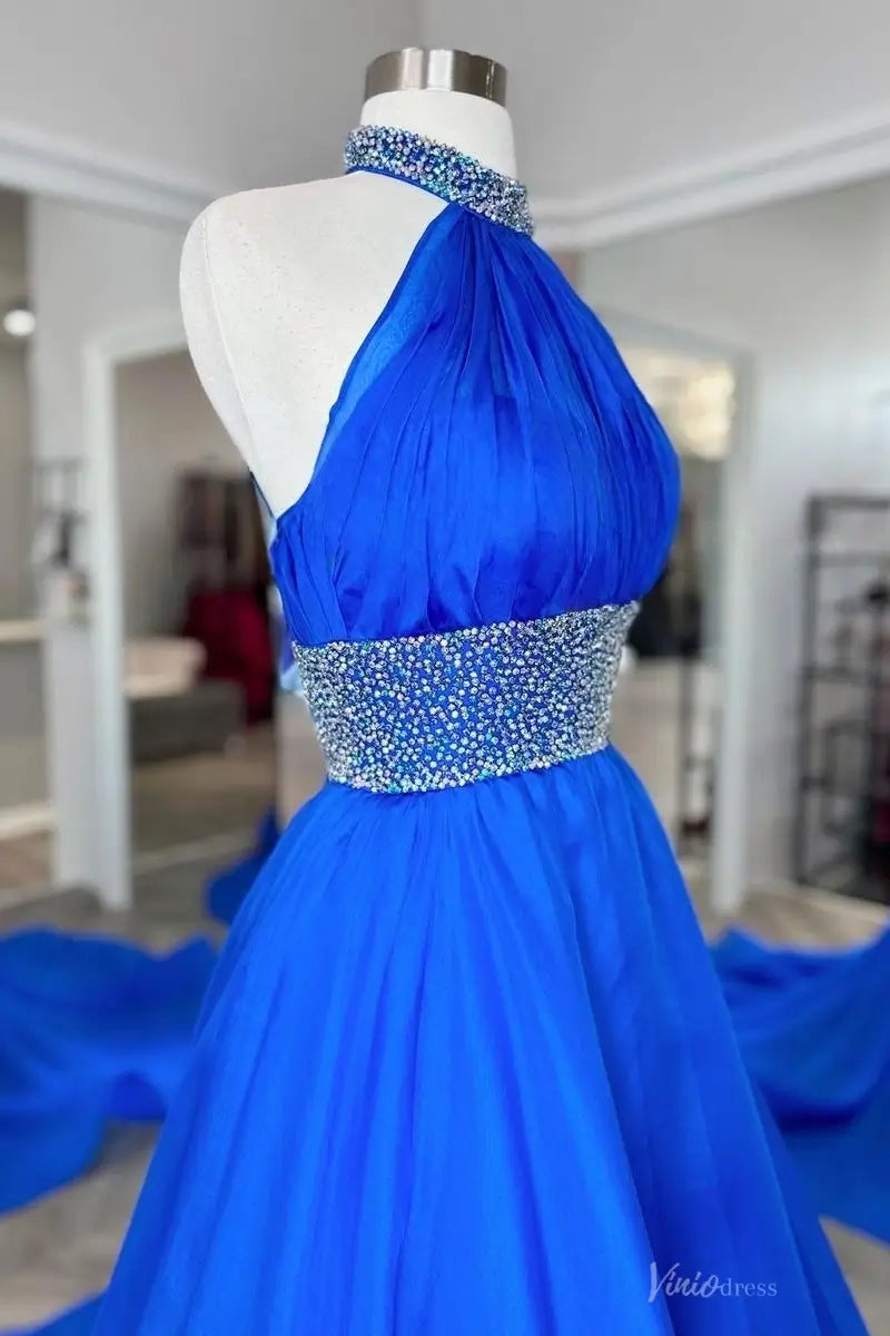 Blue Beaded Halter A-Line Pageant Gown with Crystal Waistband & Flowing Chiffon Train – PG016-Pageant Dress 2026-Viniodress-Blue-Custom Size-