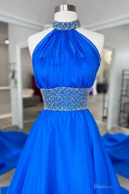 Blue Beaded Halter A-Line Pageant Gown with Crystal Waistband & Flowing Chiffon Train – PG016-Pageant Dress 2026-Viniodress-Blue-Custom Size-