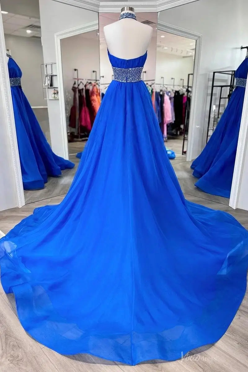 Blue Beaded Halter A-Line Pageant Gown with Crystal Waistband & Flowing Chiffon Train – PG016-Pageant Dress 2026-Viniodress-Blue-Custom Size-