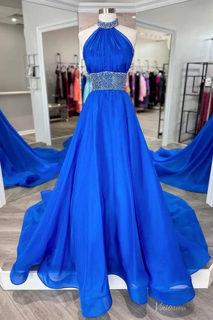 Blue Beaded Halter A-Line Pageant Gown with Crystal Waistband & Flowing Chiffon Train – PG016