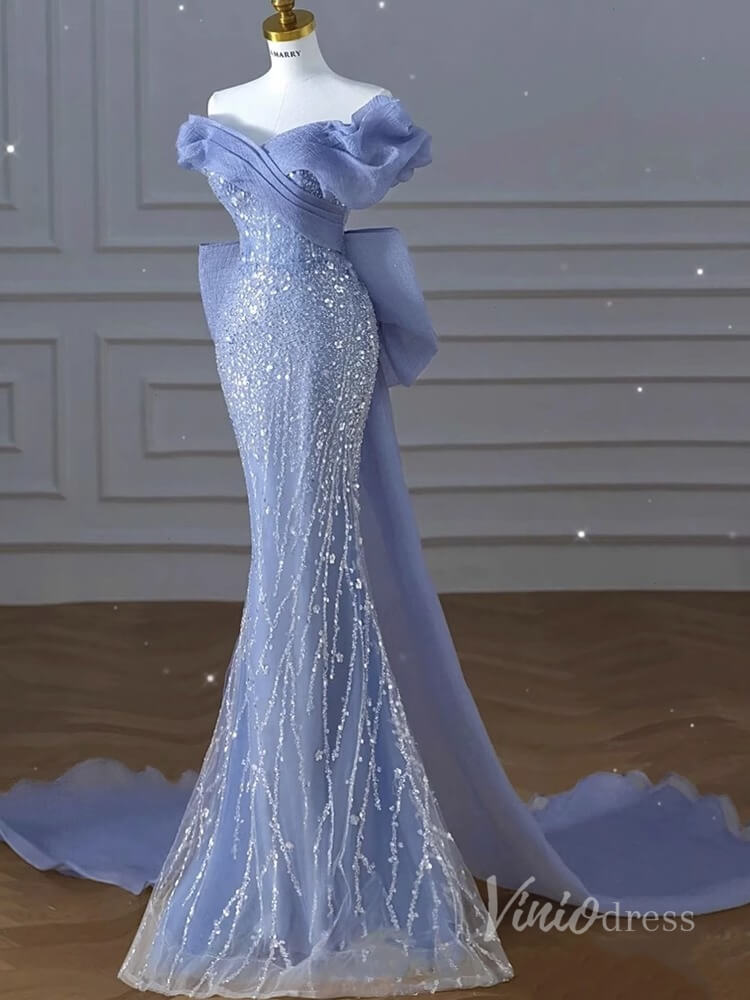 Blue Beaded Lace Mermaid Prom Dresses Off the Shoulder Bow Train 90017-prom dresses 2025 -Viniodress-Blue-Custom Size-