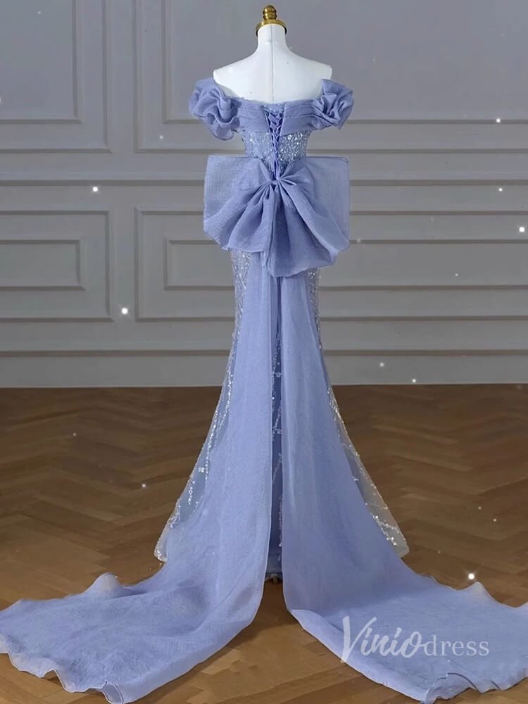 Blue Beaded Lace Mermaid Prom Dresses Off the Shoulder Bow Train 90017-prom dresses 2025 -Viniodress-Blue-Custom Size-