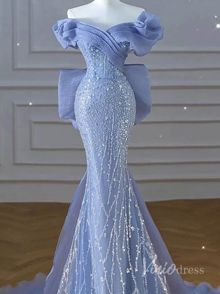 Blue Beaded Lace Mermaid Prom Dresses Off the Shoulder Bow Train 90017-prom dresses 2025 -Viniodress-Blue-Custom Size-