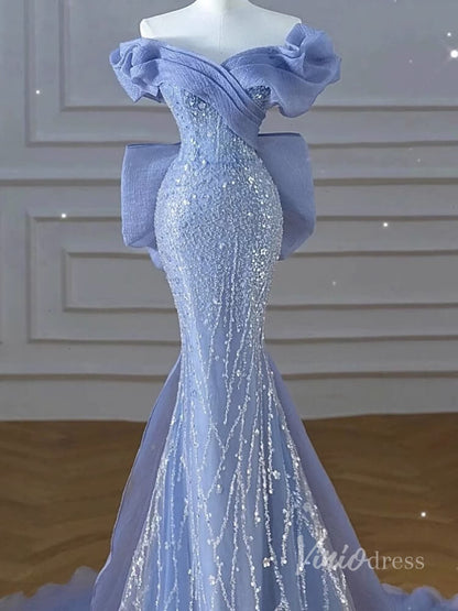 Blue Beaded Lace Mermaid Prom Dresses Off the Shoulder Bow Train 90017-prom dresses 2025 -Viniodress-Blue-Custom Size-