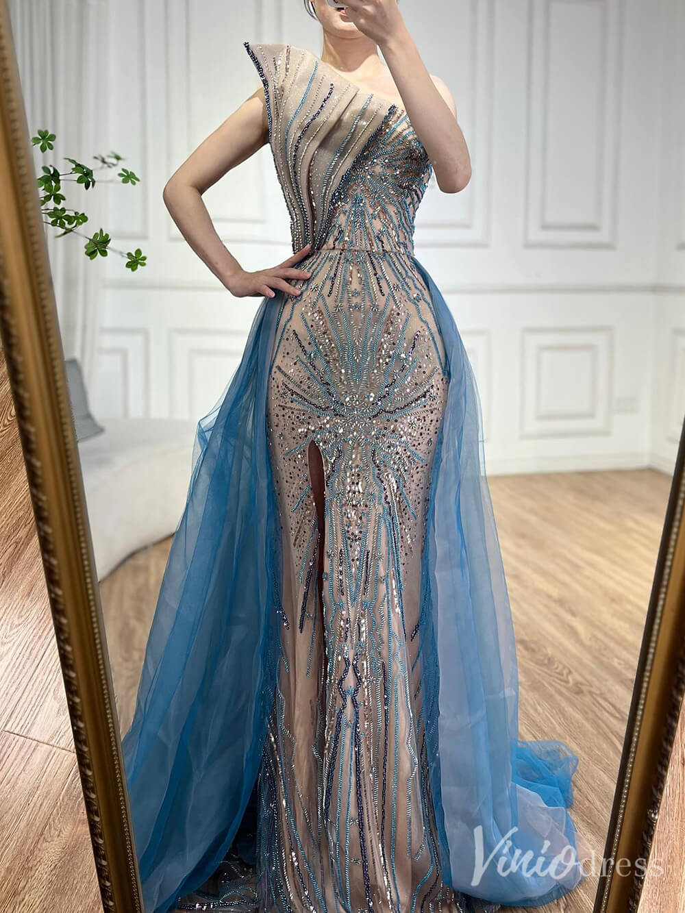 Blue Beaded Lace Mermaid Prom Dresses with Slit Overskirt Pageant Dress 20214-Evening Dresses 2025 -Viniodress-Blue-US 2-