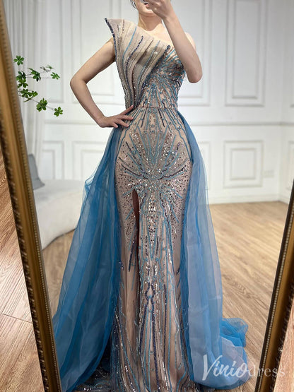 Blue Beaded Lace Mermaid Prom Dresses with Slit Overskirt Pageant Dress 20214-Evening Dresses 2025 -Viniodress-Blue-US 2-