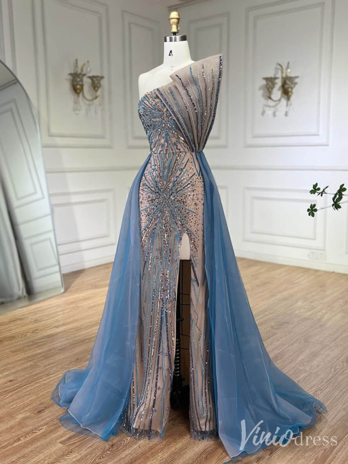Blue Beaded Lace Mermaid Prom Dresses with Slit Overskirt Pageant Dress 20214-Evening Dresses 2025 -Viniodress-Blue-US 2-