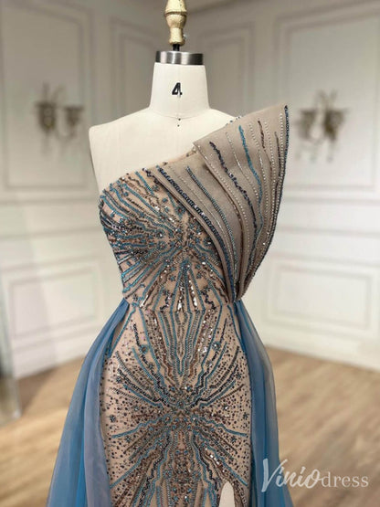 Blue Beaded Lace Mermaid Prom Dresses with Slit Overskirt Pageant Dress 20214-Evening Dresses 2025 -Viniodress-Blue-US 2-