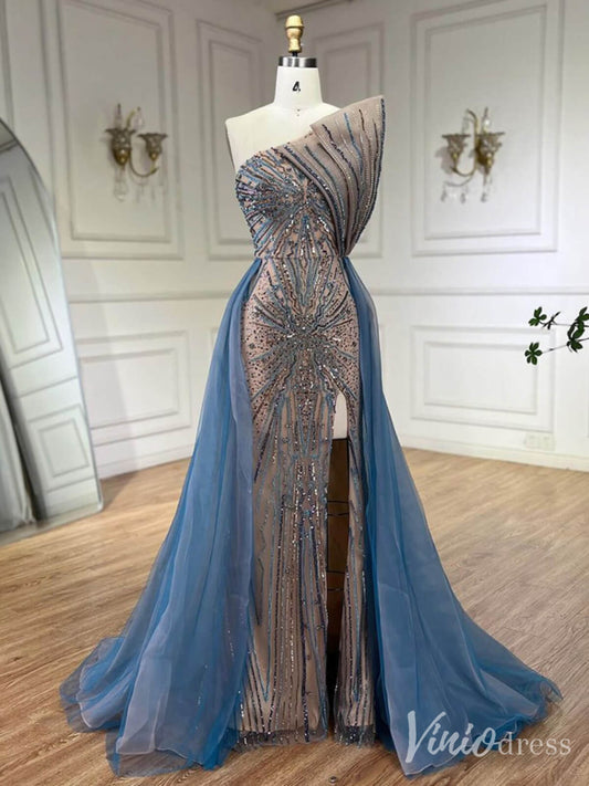 Blue Beaded Lace Mermaid Prom Dresses with Slit Overskirt Pageant Dress 20214-Evening Dresses 2025 -Viniodress-Blue-US 2-