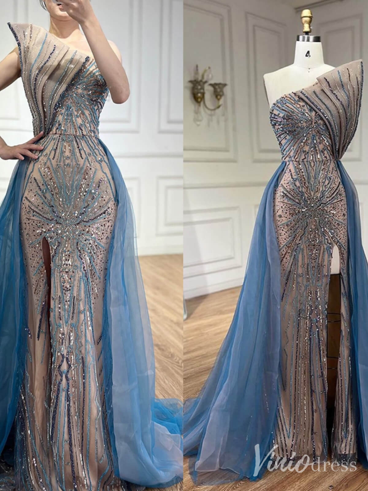 Blue Beaded Lace Mermaid Prom Dresses with Slit Overskirt Pageant Dress 20214 - ViniodressEvening DressesBlueUS 2 - Formal Dresses - Ball Gowns