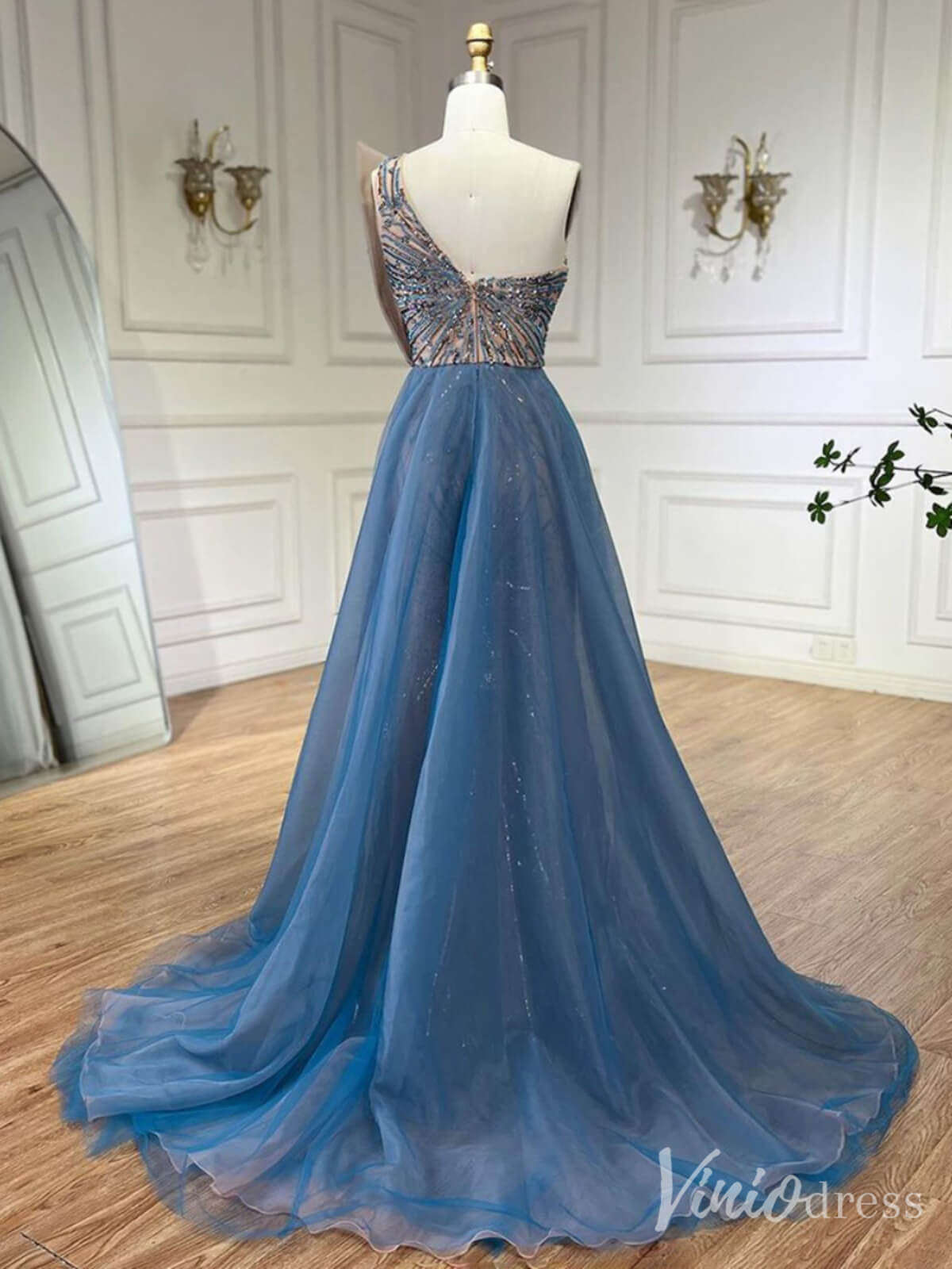 Blue Beaded Lace Mermaid Prom Dresses with Slit Overskirt Pageant Dress 20214 - ViniodressEvening DressesBlueUS 2 - Formal Dresses - Ball Gowns