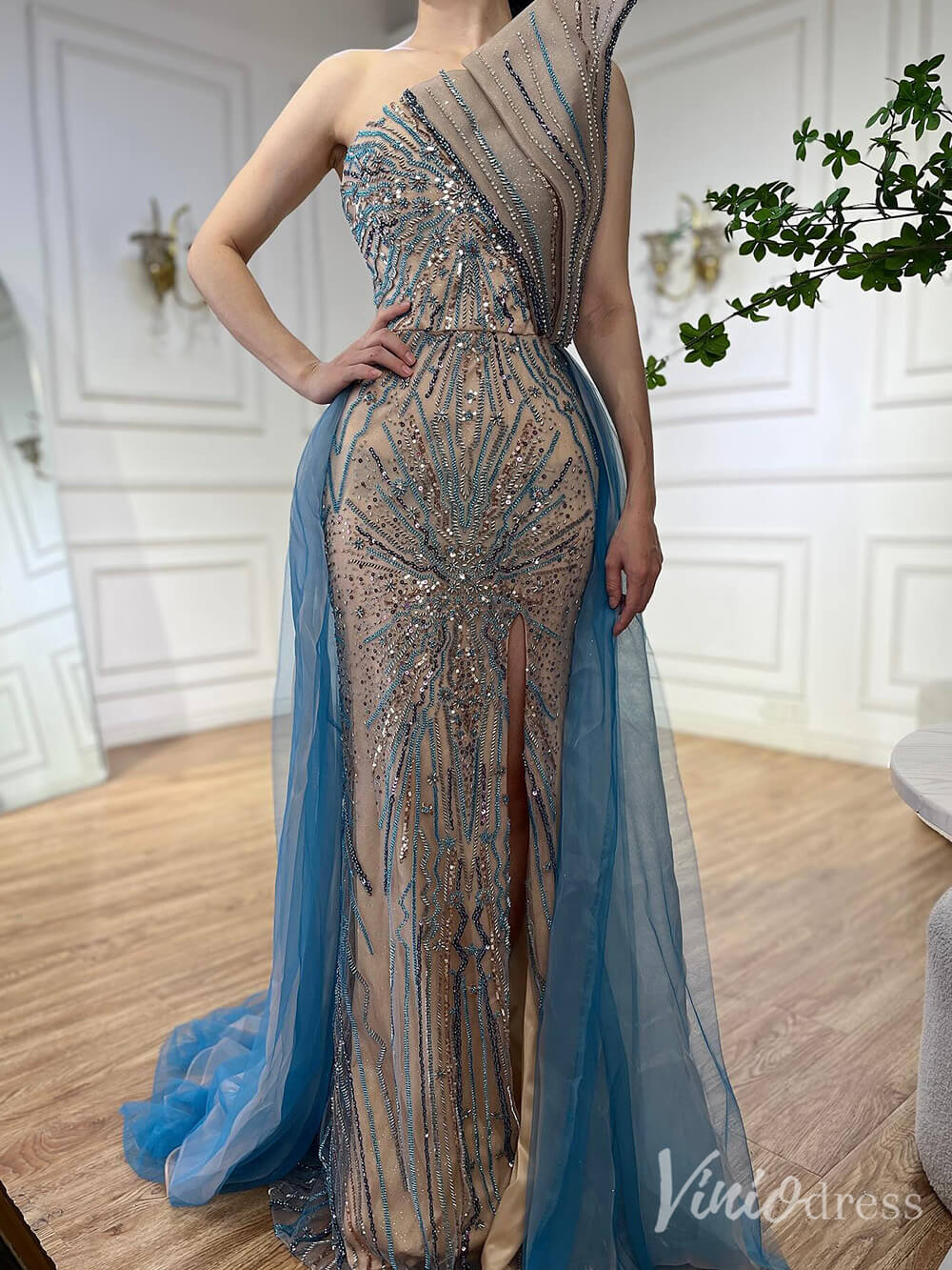 Blue Beaded Lace Mermaid Prom Dresses with Slit Overskirt Pageant Dress 20214 - ViniodressEvening DressesBlueUS 2 - Formal Dresses - Ball Gowns