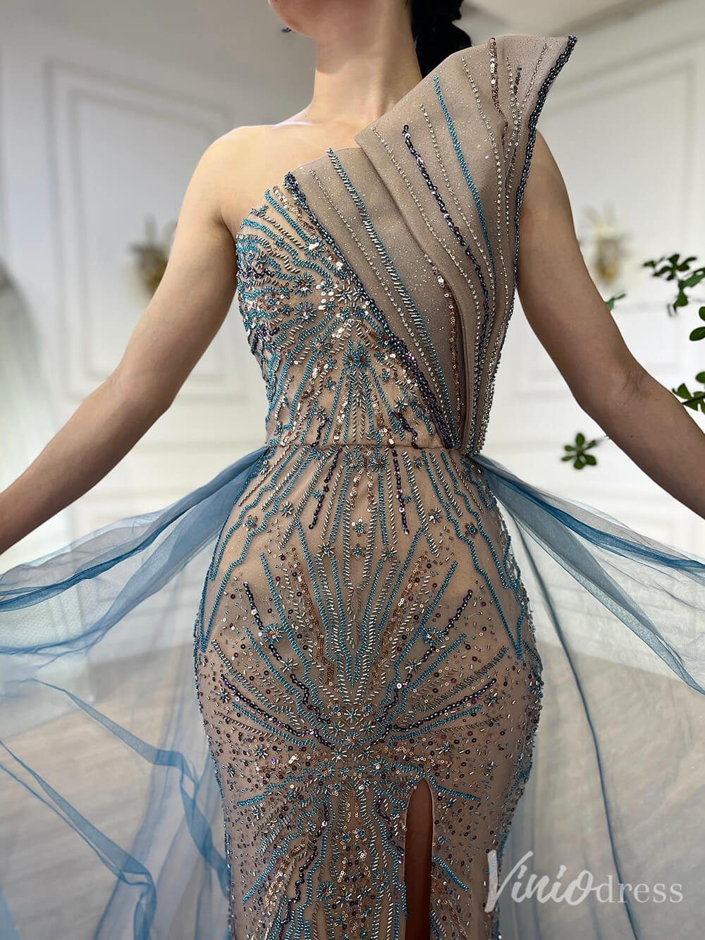 Blue Beaded Lace Mermaid Prom Dresses with Slit Overskirt Pageant Dress 20214 - ViniodressEvening DressesBlueUS 2 - Formal Dresses - Ball Gowns