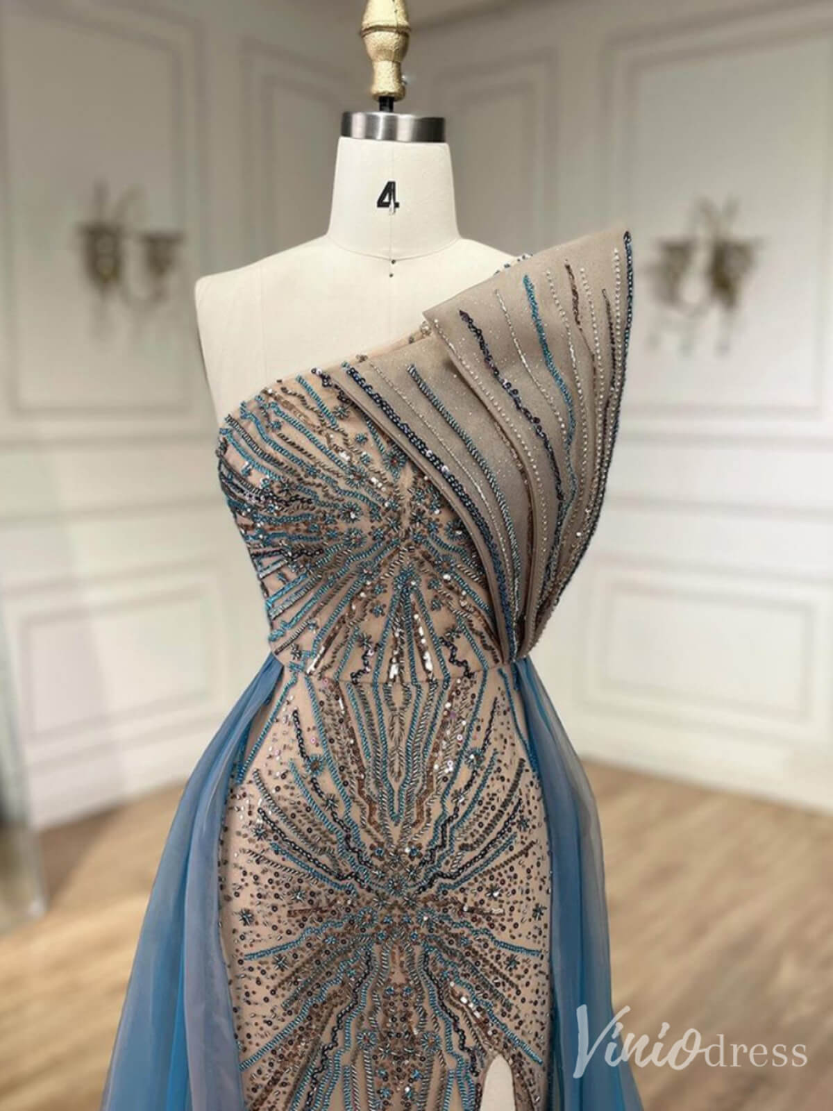 Blue Beaded Lace Mermaid Prom Dresses with Slit Overskirt Pageant Dress 20214 - ViniodressEvening DressesBlueUS 2 - Formal Dresses - Ball Gowns