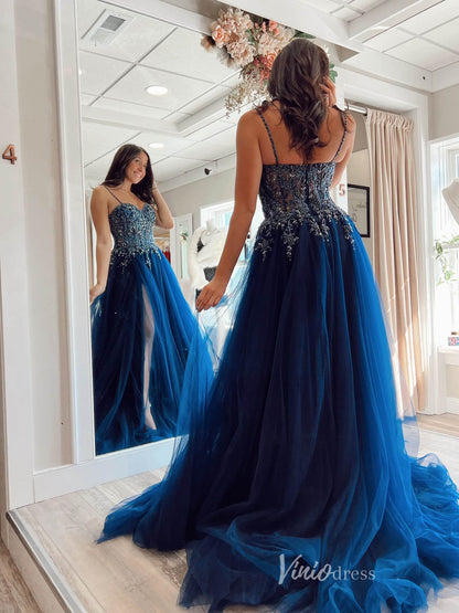 Blue Beaded Lace Prom Dresses with Slit Spaghetti Strap Sheer Bodice FD3968-prom dresses 2025 -Viniodress-Blue-Custom Size-